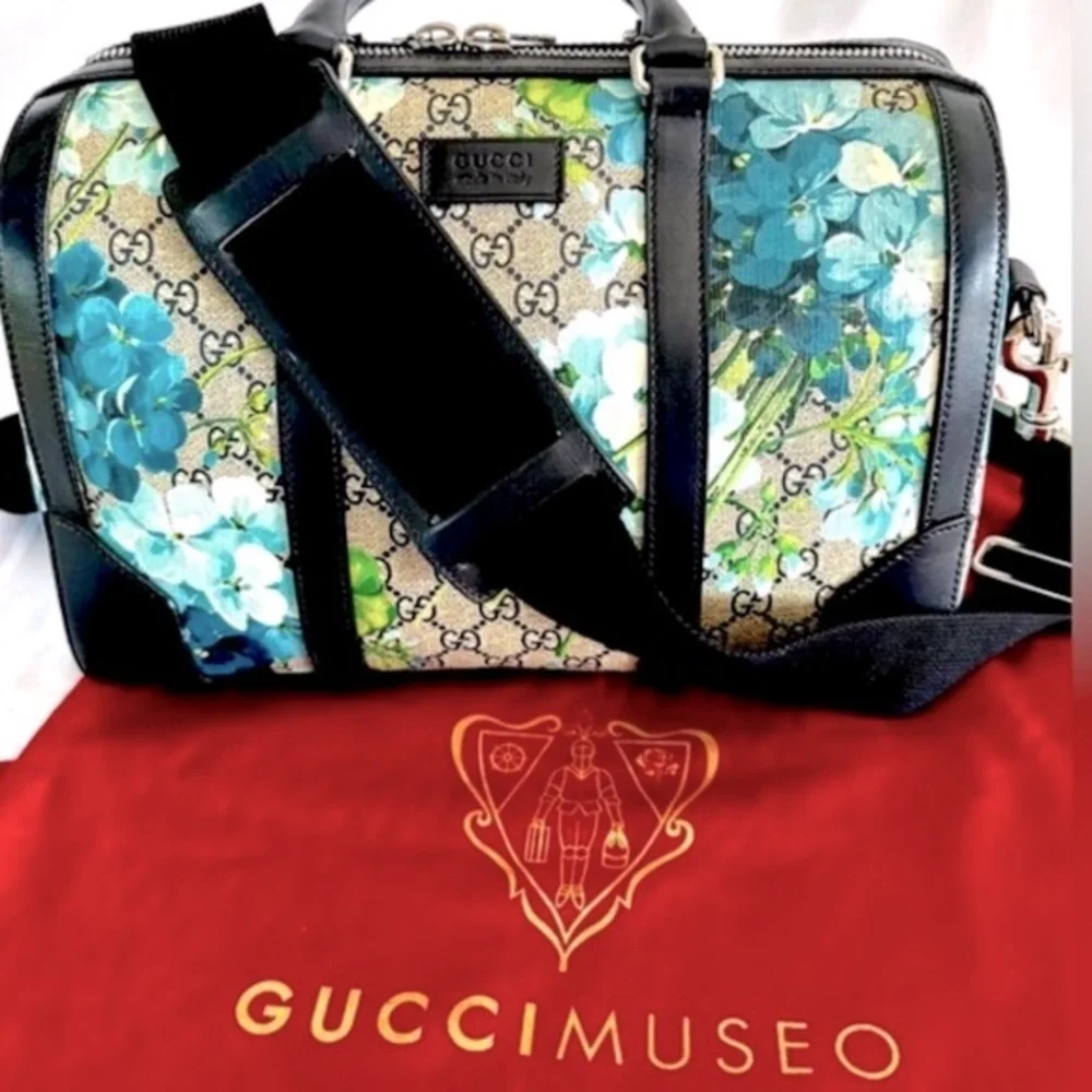 Gucci RARE! Supreme GG Large Signature Blue Blooms on Monogram Boston Satchel